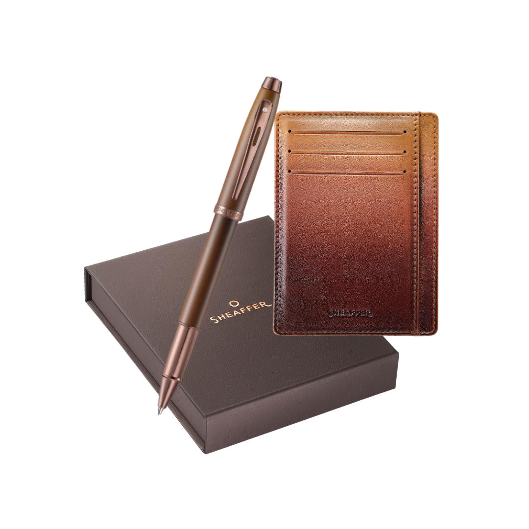 Sheaffer 100 9374 Coffee Edition Matt Brown Rollerball Pen + Credit Card Holder Set