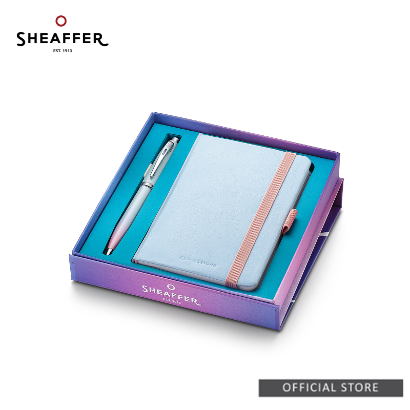 Sheaffer 100 9376 Blue and Pink Expressions Pearlised Gradient with Chrome Trims Ballpoint Pen Giftset with Metallic Silver Small Notebook