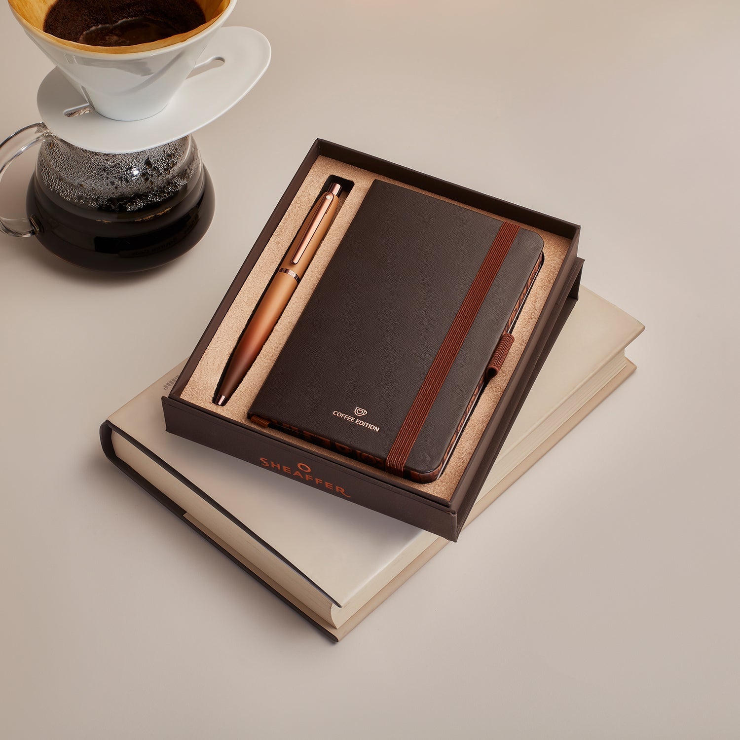 Sheaffer Gift Set ft. Coffee Edition VFM 9428 Ballpoint Pen with Regal Brown PVD Trims and Small Notebook