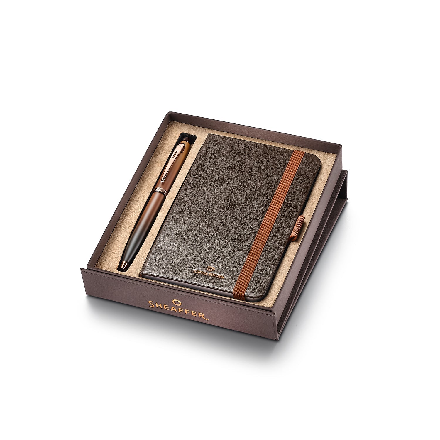 Sheaffer Gift Set ft. Coffee Edition 100 9374 Ballpoint Pen with Regal Brown PVD Trims and Small Notebook
