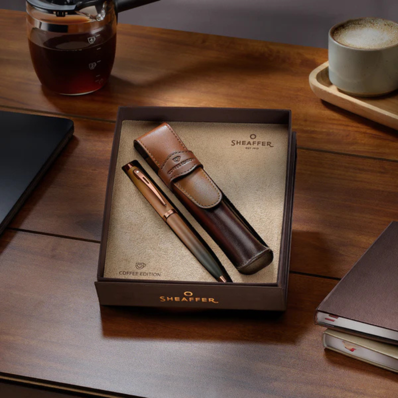 Sheaffer 100 9374 Coffee Edition Matt Brown Rollerball Pen/Ballpoint Pen + Coffee Pen Pouch Set