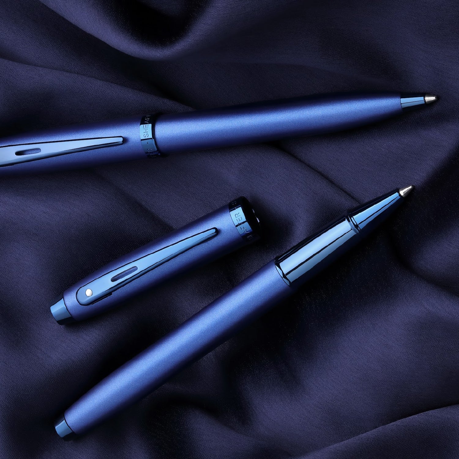 Sheaffer 100 9371 Satin Blue Ballpoint Pen With PVD Blue Trim