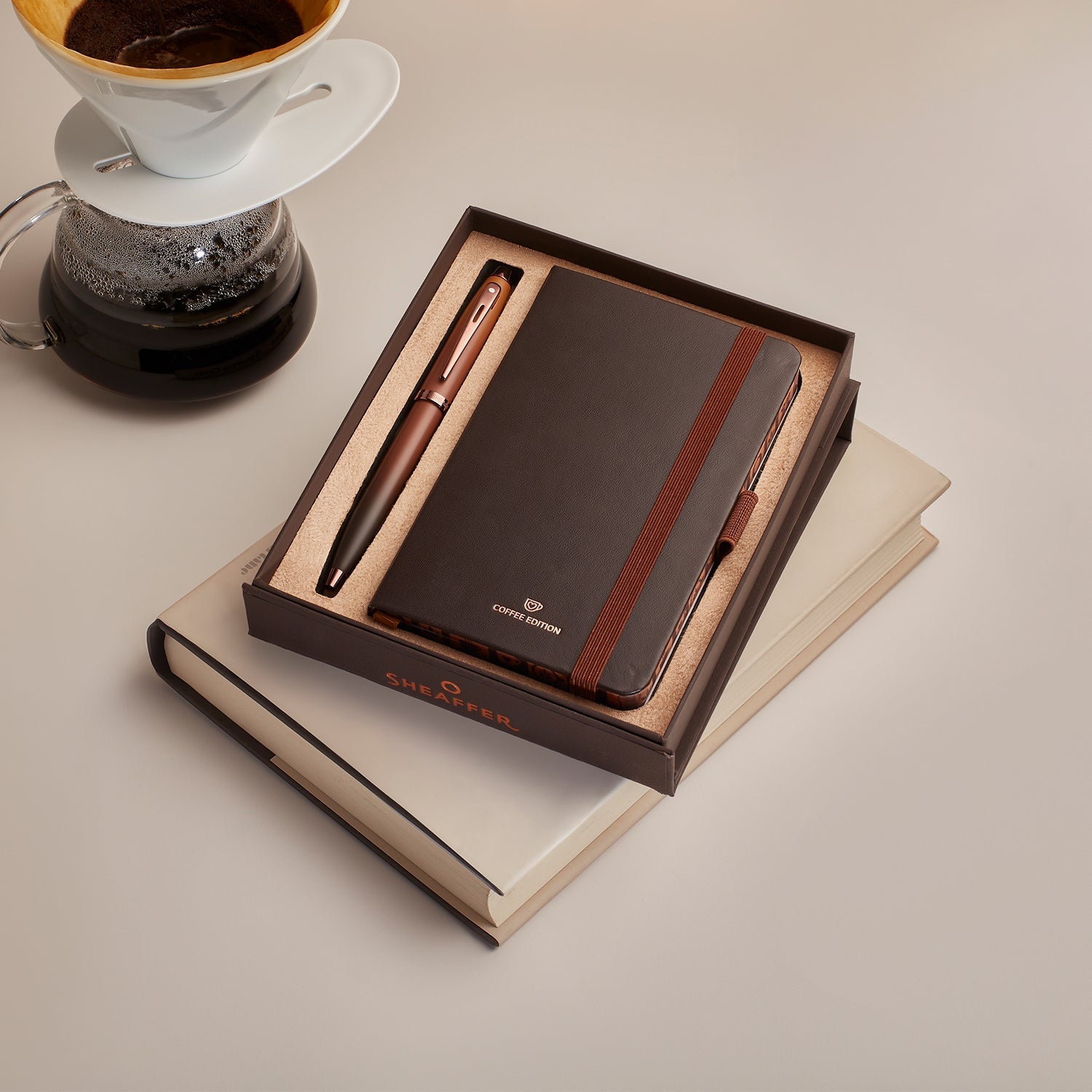 Sheaffer Gift Set ft. Coffee Edition 100 9374 Ballpoint Pen with Regal Brown PVD Trims and Small Notebook